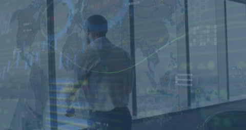 Businessman Contemplating Digital World Map as Data Processes