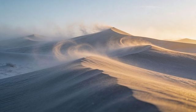 Shifting desert dunes with wind-sculpted ridges and golden-hour light