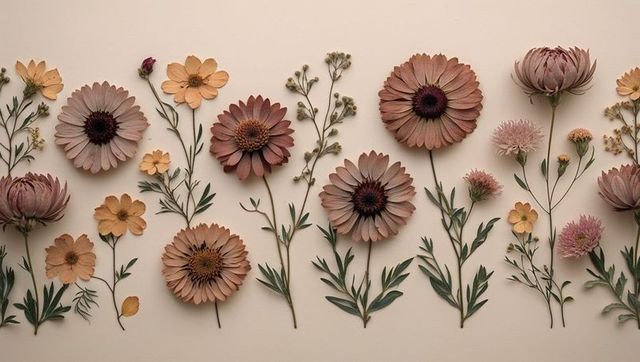 Vintage arrangement of dried daisies and wildflowers on beige background
