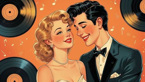 Elegantly dressed cute couple amidst soaring vintage records