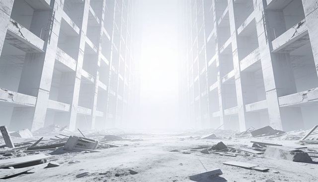 Desolate concrete skeleton corridor opening into bright haze, debris-strewn urban ruin