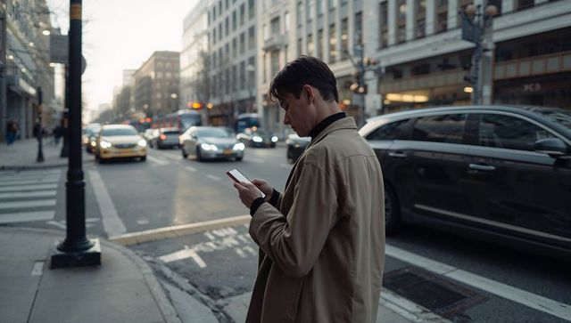 Young man using smartphone on busy downtown crosswalk, tan overcoat, evening traffic