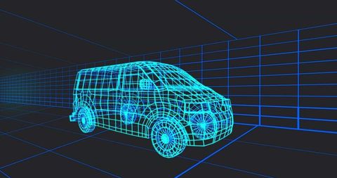 3d wireframe minivan in virtual design studio with grid planes