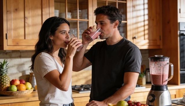 Couple enjoying morning smoothies in cozy sunlit wooden kitchen with blender and fruit