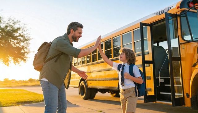 Father high-fiving son boarding yellow school bus at sunrise for back-to-school campaign