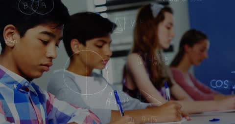 Students Learning in Classroom with Animated Math Formulas