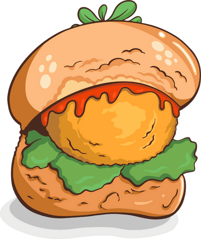 Floating cartoony sandwich with crispy patty on transparent background
