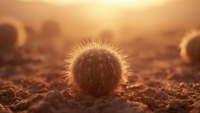 Golden Light on Barrel Cactus in Arid Desert Setting