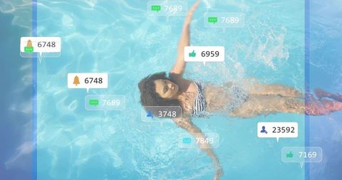 Curly-Haired Woman Floating in Sunlit Pool With Social Media Notifications Overlays