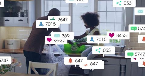 Father and daughter sorting recycling at kitchen counter with social media notification overlays