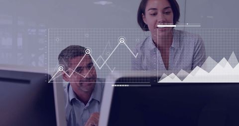 business professionals working together on financial data analysis in a modern office environment. digital charts and data visualizations overlay their collaboration, highlighting technology's role in finance. this image is ideal for content related to teamwork in finance, modern business environments, or digital data processing.
