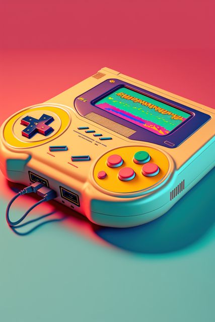 Retro gaming console and pad on pink to blue neon background, created using generative ai technology. Retro video game and home entertainment concept digitally generated image.