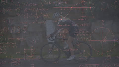 Cyclist Riding Overlayed with Mathematical Equations