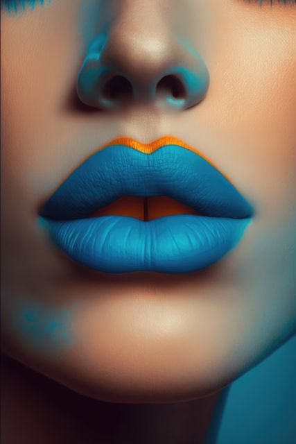 Close up of female lips with satin blue lipstick, created using generative ai technology. Female face, make up and beauty concept digitally generated image.