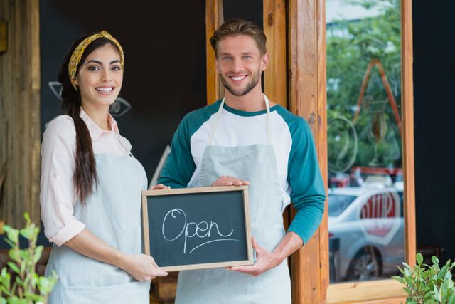 Smiling waiter and waitress holding a chalkboard with 'Open' written on it, standing outside a cafe. Ideal for use in marketing materials for cafes, restaurants, and small businesses. Perfect for illustrating themes of hospitality, teamwork, and customer service.