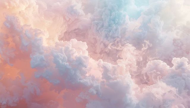 Pastel Clouds Drifting at Sunrise with Ethereal Mist, Soft Cumulus Veils and Dreamy Dawn