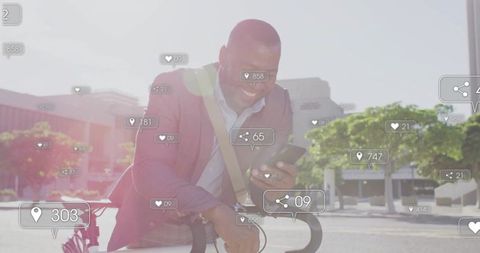 Urban professional engaging with social media while cycling