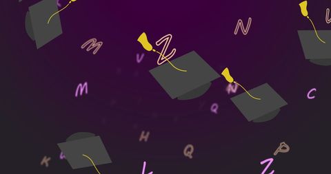 Graduation caps floating amidst letters on purple background