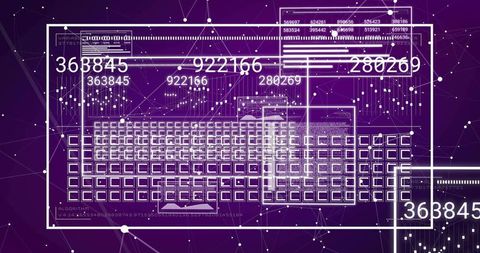 Futuristic HUD Data Grid Visualizing Network Nodes and Analytics on Purple Neon Interface