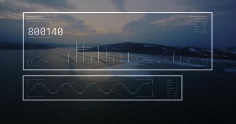Translucent hud displaying numeric dashboard and sine wave over coastal twilight seascape