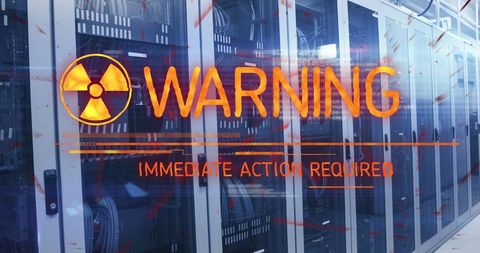 Warning Sign Overlaid on Modern Data Center