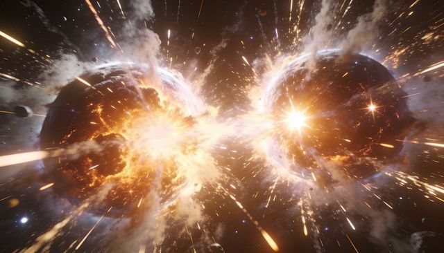 Colliding planetary bodies producing molten ejecta and cosmic flare in deep space impact