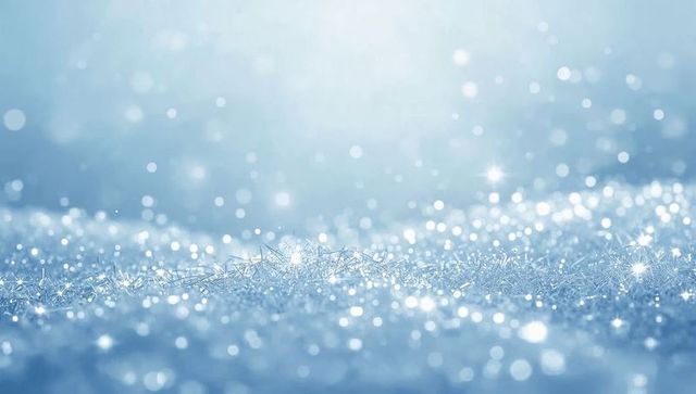 Sparkling frost crystals blanketing winter ground with blue bokeh highlights