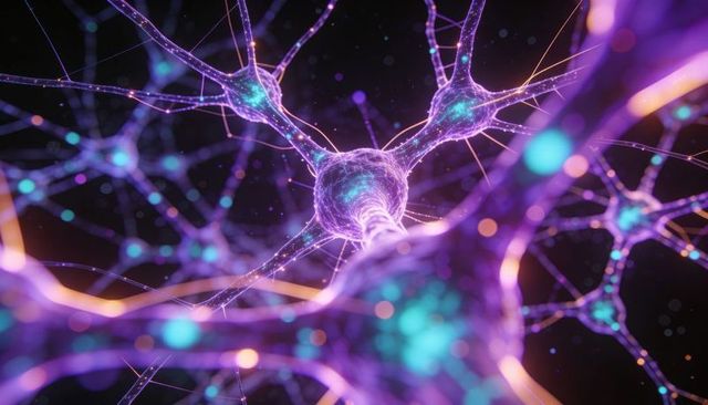Glowing neural network connecting pulsing neurons with synaptic sparks and bokeh particles
