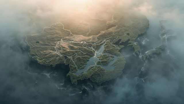 Fantasy Floating Island Landscape with Clouded Ocean View