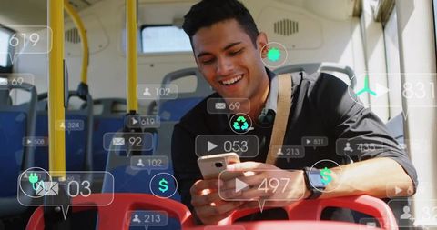 Commuter checking smartphone with smartwatch and AR notifications on urban bus commute