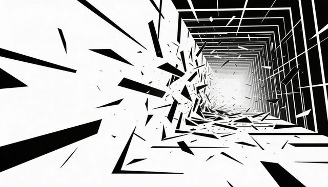 Receding geometric tunnel shattering into triangular shards in monochrome grid