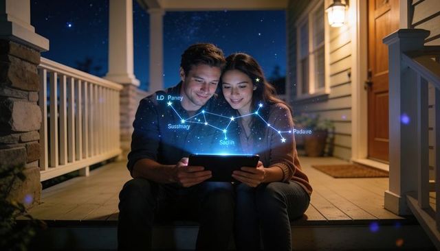 Couple on porch holding tablet projecting holographic constellations nighttime