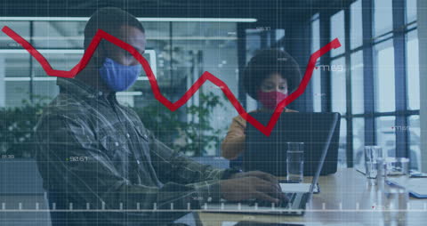 Masked Colleagues Analyzing Financial Data in Modern Office