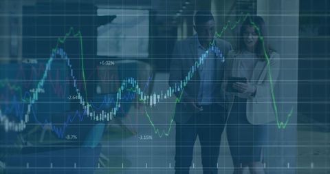 Business Partners Analyzing Data with Digital Interface Overlay