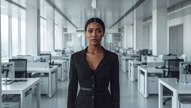 Confident executive standing and surveying modern minimalist open-plan corporate office