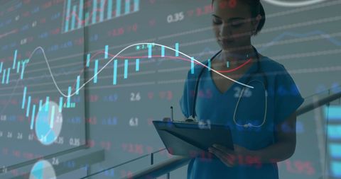 Female Doctor Analyzing Data Imposed on Stock Market Chart