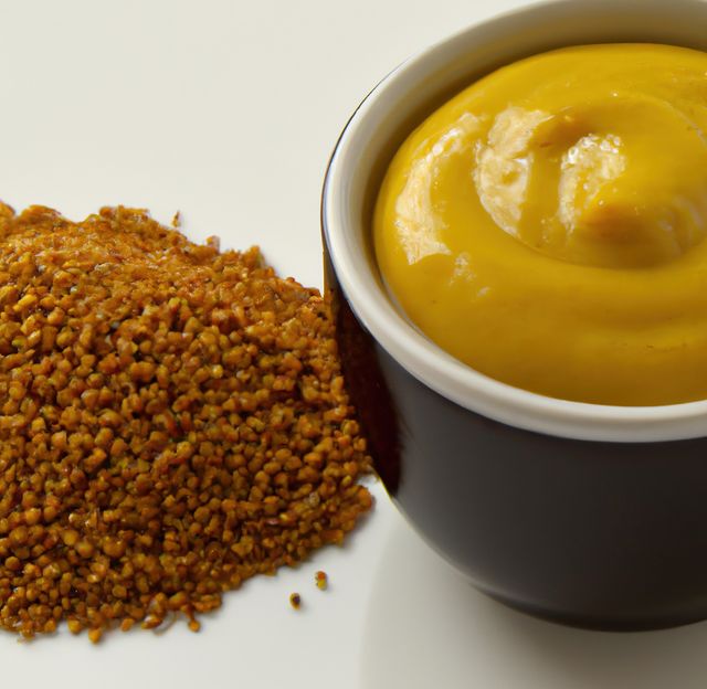Close up of mustard in bowl on beige background created using generative ai technology. Food and nutrition concept, digitally generated image.