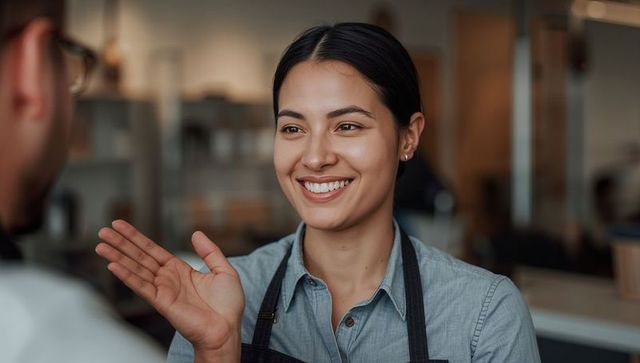 Smiling barista greeting customer at cafe counter, welcoming hospitality and service