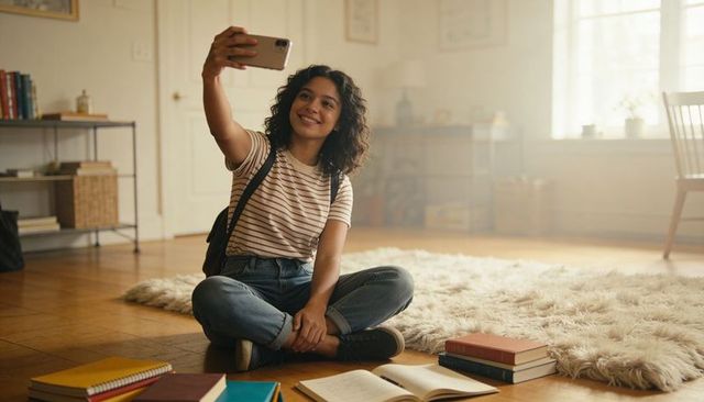 Young student taking selfie while studying on sunlit floor with backpack and books