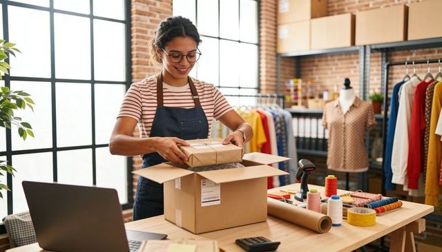 Female shopkeeper packing online orders in boutique studio with laptop and shipping box