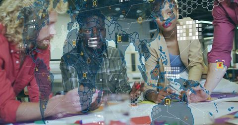 Multi-ethnic team engaging in global strategy session with technology overlay