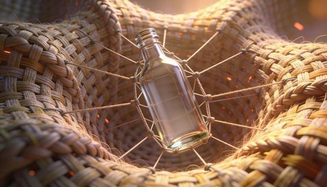 Swaying clear glass bottle suspended in woven rattan cradle with twine knots and embers