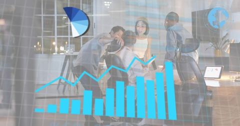 Business Team Analyzing Growth Charts with Digital Data Overlays in Modern Office Teamwork
