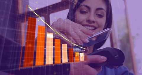 Woman Using Smartphone for Digital Payment with Data Overlay - Download Free Stock Images Pikwizard.com