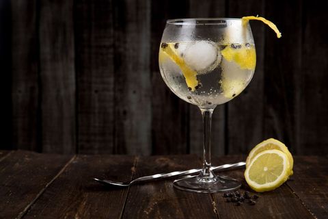 Refreshing gin and tonic with lemon garnish on rustic table