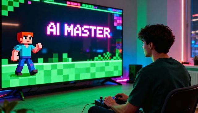 Teen playing AI Master retro pixel platformer on TV with joystick in neon-lit gaming room
