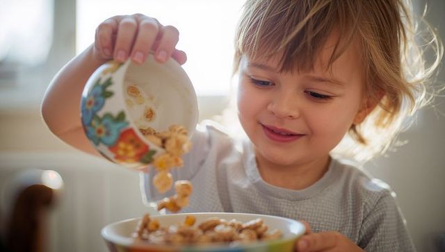 Blond child smiling pouring cereal into colorful bowl on sunlit morning at kitchen table