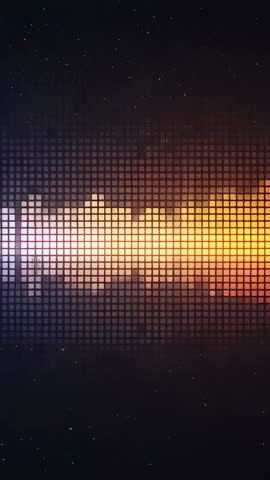 Vertical waveform oscillating over dark pixel grid with neon gradient and reflecting tiles