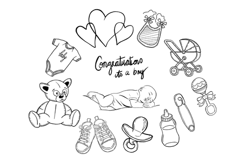 Transparent baby boy birth congratulations with cute icons