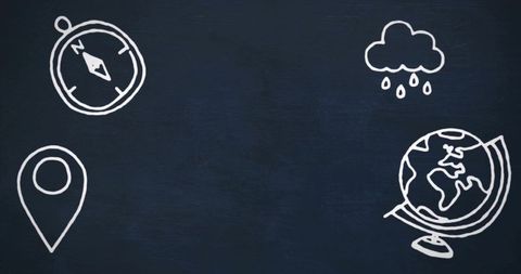 Chalkboard travel icons around blank center compass map pin cloud globe minimal design